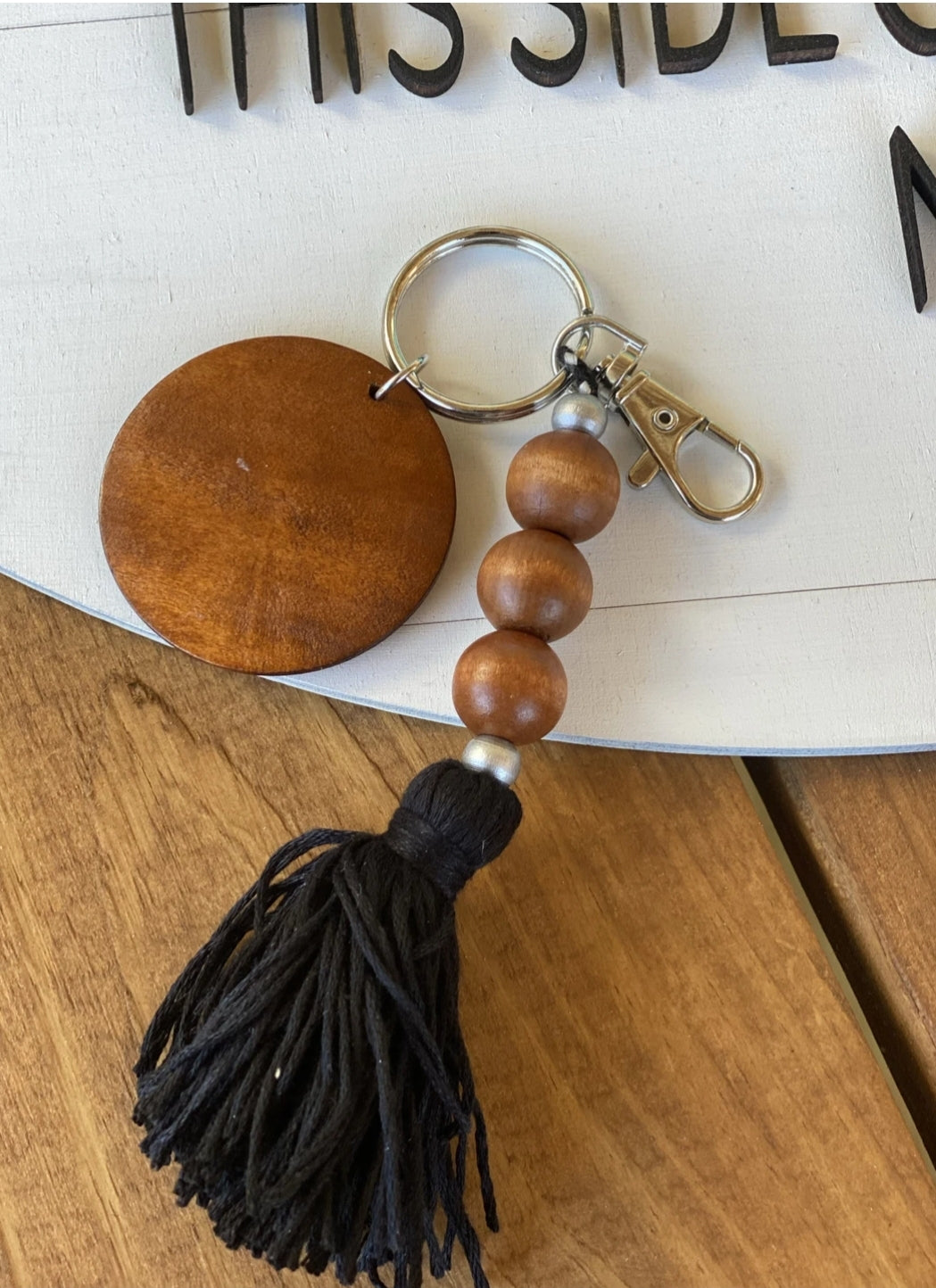 Wood disk tassel keychains